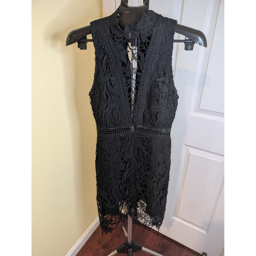 ASTR The Label Felicity Lace Dress Womens S Black High Neck Plunge Mini
